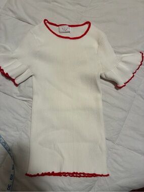 Sage White Knit womens top with Red Trim